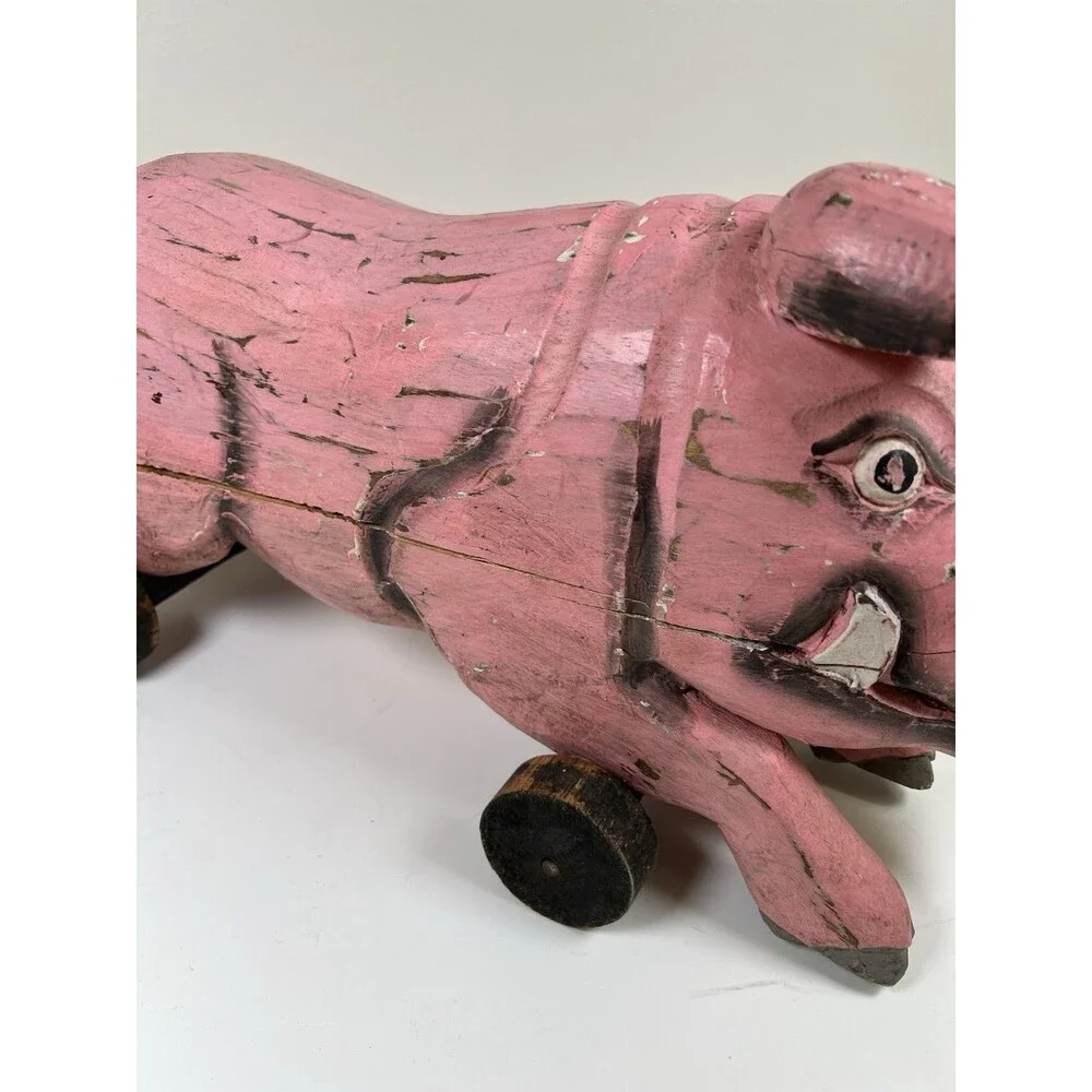 Vintage Handcrafted Carved Wooden Pig on Wheels Art Sculpture Statue Country